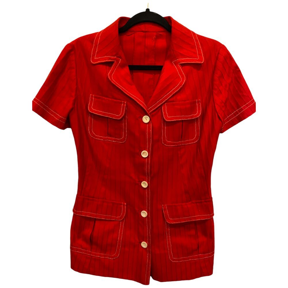 Unbranded Top Button Up Slim Fit Formal Career Flap Pockets Red Womens Vintage‎
